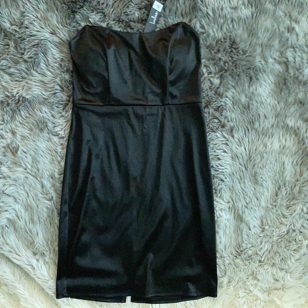 Lulus Malory Black Satin Short Strapless Bodycon Mini Dress Size Large